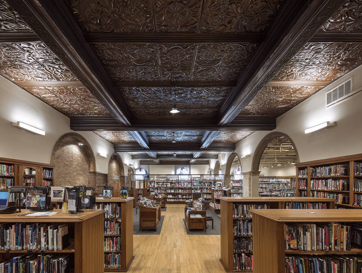 Historic public library interior with ornate ceiling and wooden bookshelves